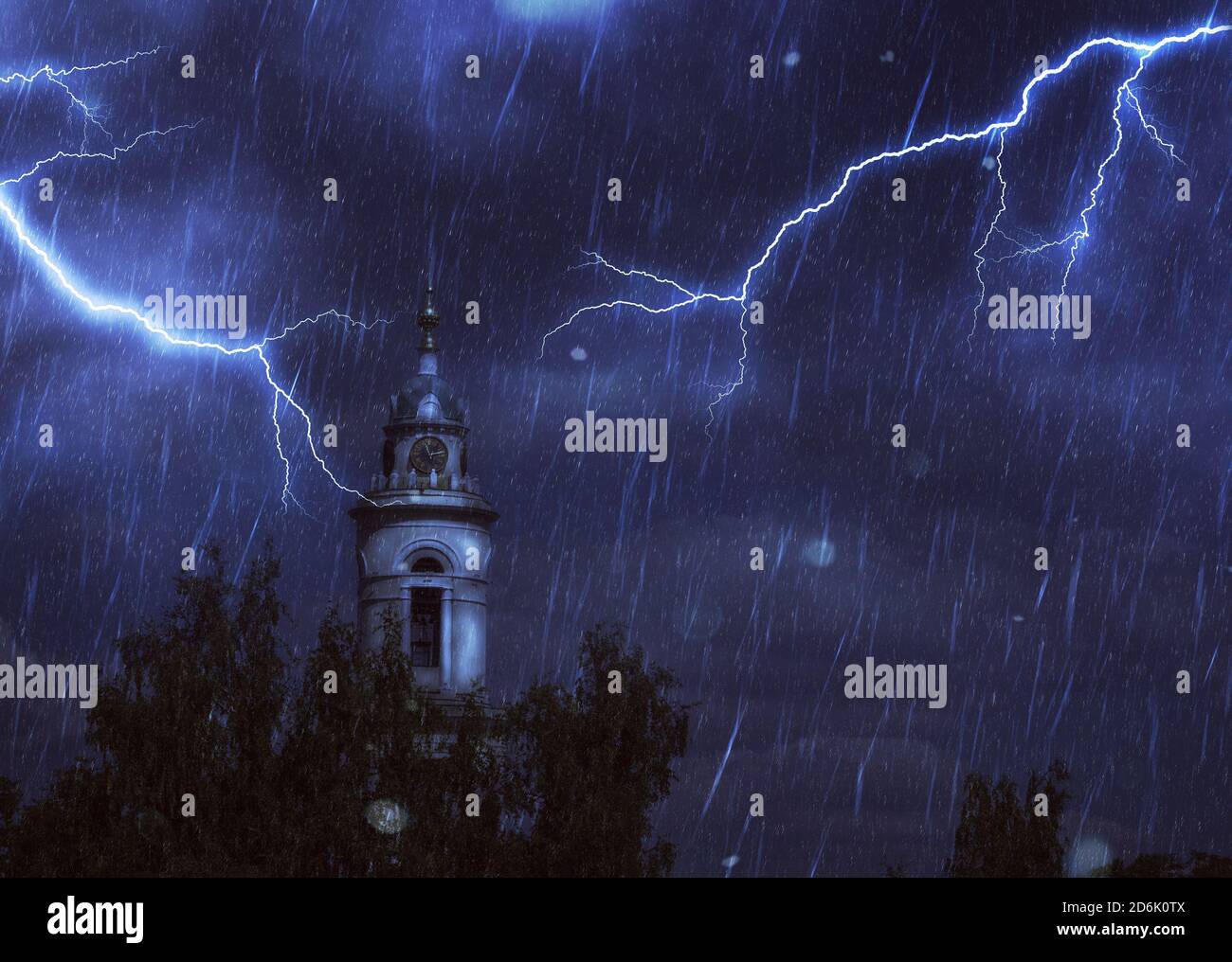 Clock Rainstorm Ancient church clock tower night stormy landscape with rain and ...