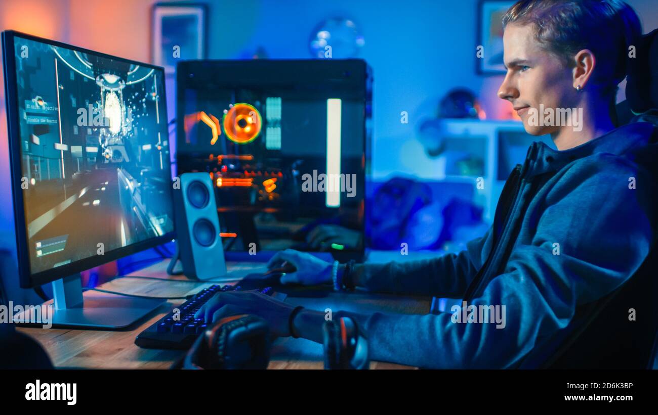 Young girl playing video games on computer after online school and  homework. Gamer using shooting action play for entertainment and fun with  keyboard and monitor. Child enjoying game Stock Photo - Alamy