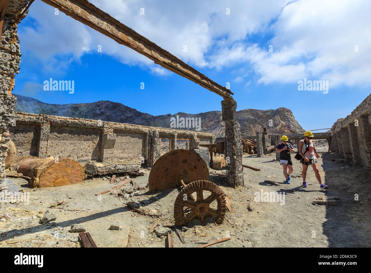 The ruins of an old sulfur processing factory on White Island, a volcano in the Bay of Plenty, New Zealand Stock Photo