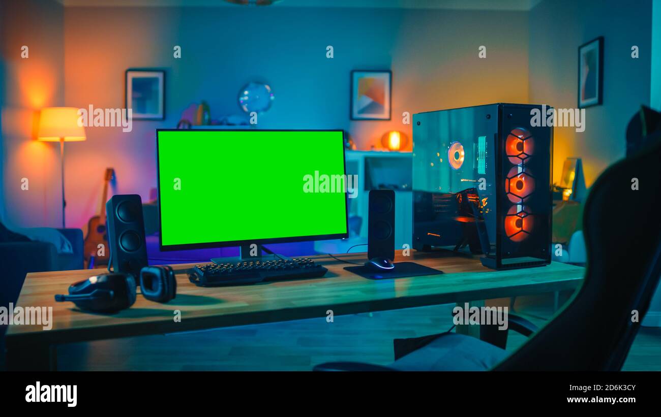 Powerful Personal Computer Gamer Rig with Mock Up Green Screen Monitor