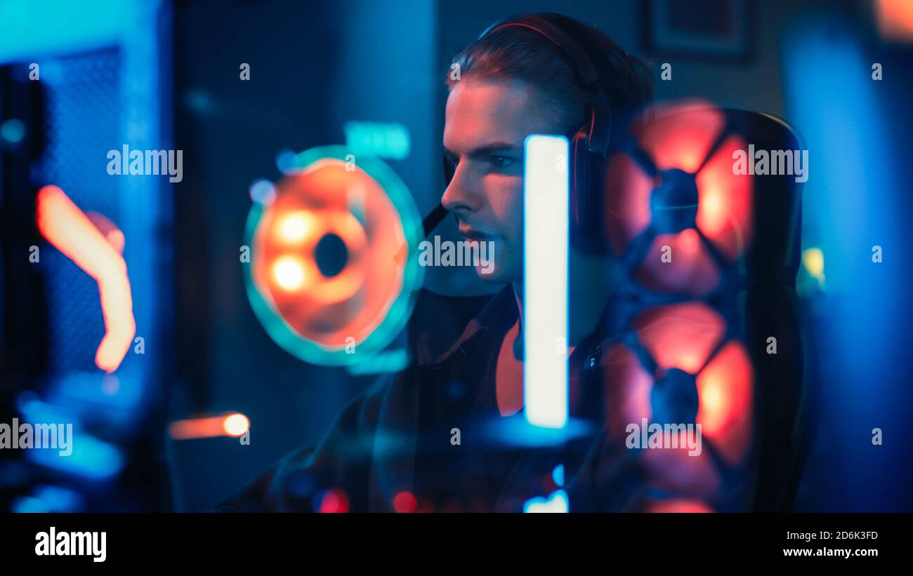 Gamer Reflection Reflection of a Gamer in Headset with a Mic Playing Online Video Game ...