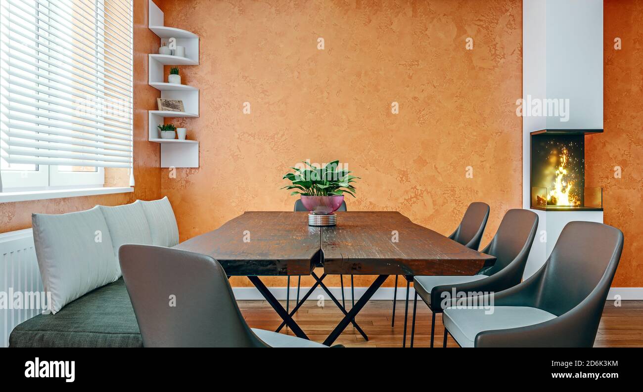 Modern italian design dining room with small fireplace with orange plaster walls, mock-up, 3d rendering, 3d illustration Stock Photo