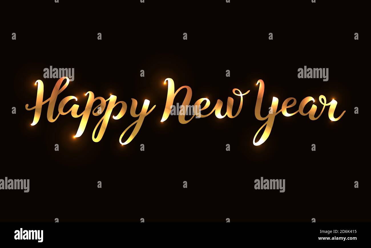 Happy New Year brush calligraphy hand lettering gold on a black ...