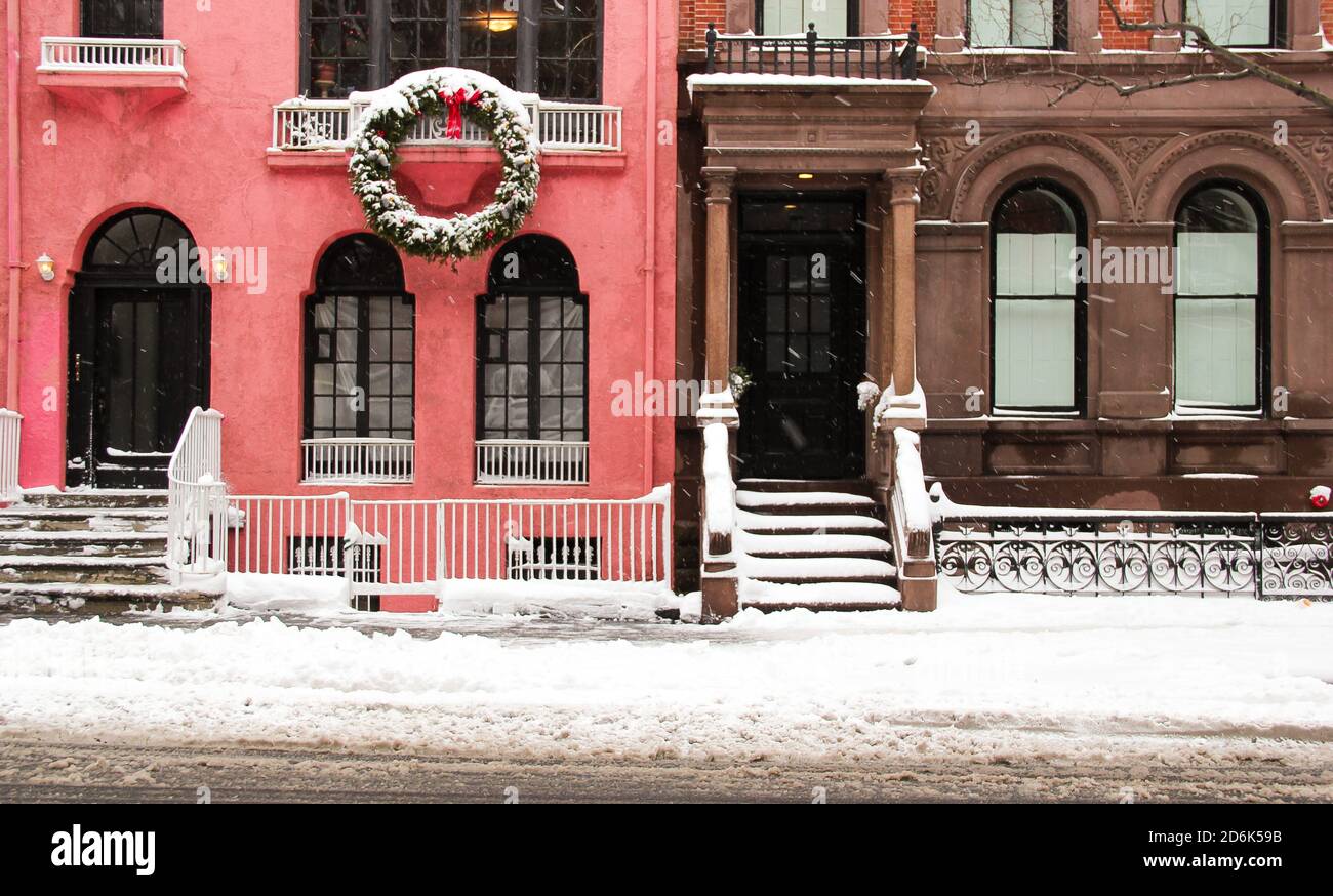 typical new york city street in snowy storm with christmas vibes Stock Photo