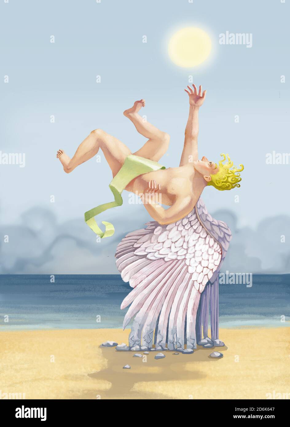 icarus's wings turn to stone dragging the boy to the beach broken dreams metapho surreal crypto art Stock Photo