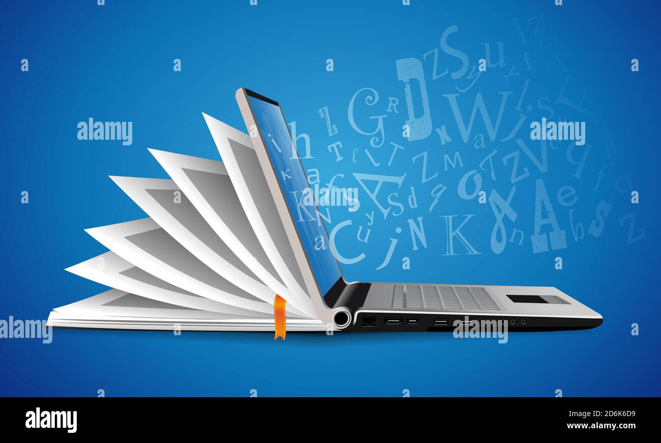 Computer as book knowledge base concept - laptop as elearning idea - stay at home and learn math, biology, history, geography, chemistry, physics, eng Stock Photo