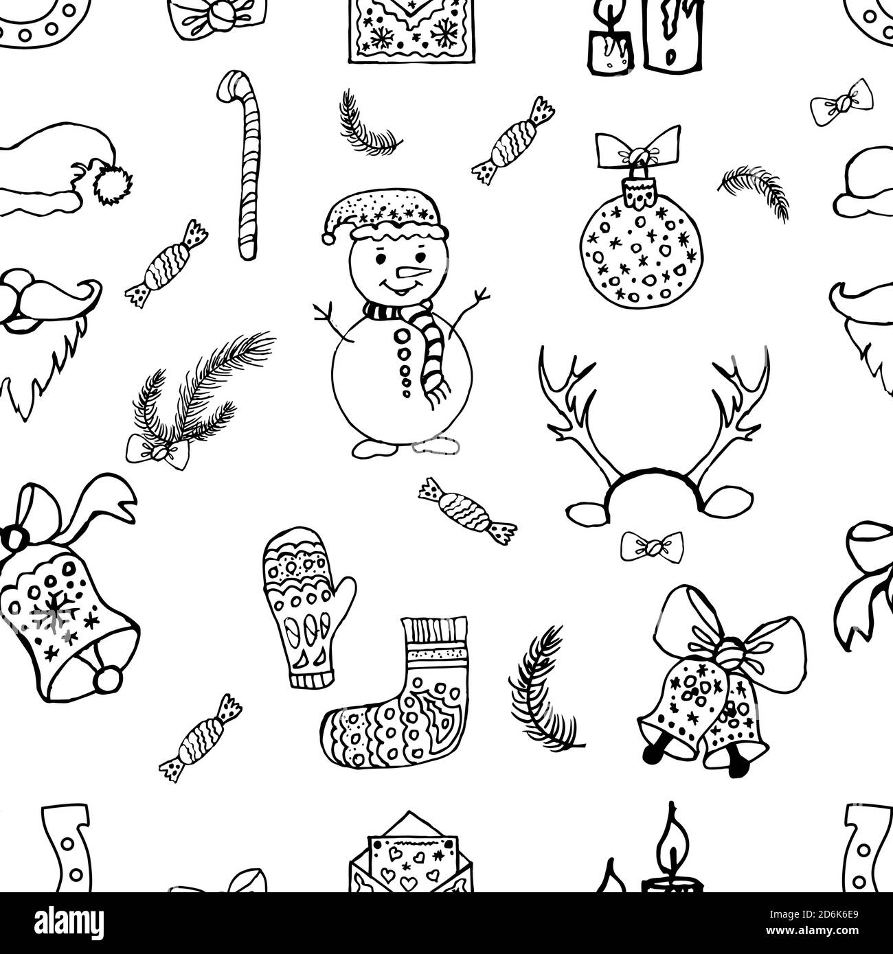 Seamless pattern of festive New Year s Christmas things snowmen, toys, bells, gifts. New Year winter characters, decorations. Santa Claus and candles Stock Vector