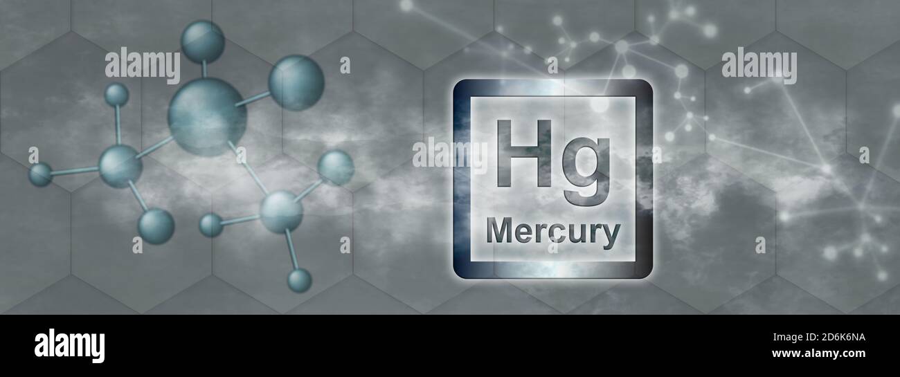 Hg symbol. Mercury chemical element with molecule and network on grey