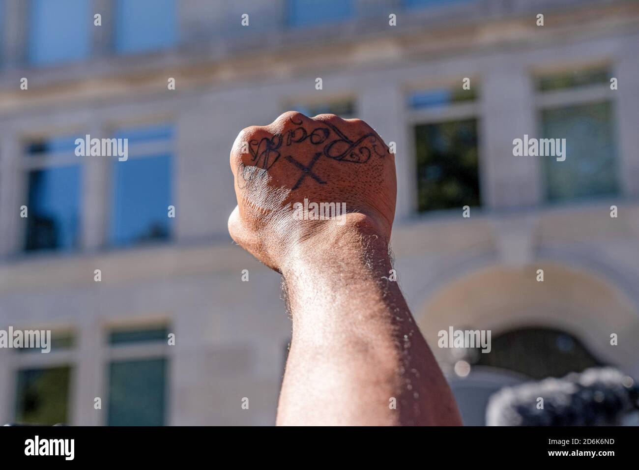 New York, United States. 17th Oct, 2020. A protester raise his fist during the National State of Emergency Get Out the Vote Rally organized by UntilFreedom. About 200 people attended the rally among them the Families of Breonna Taylor and Jacob Blake who encourage New Yorkers to vote. Credit: SOPA Images Limited/Alamy Live News Stock Photo