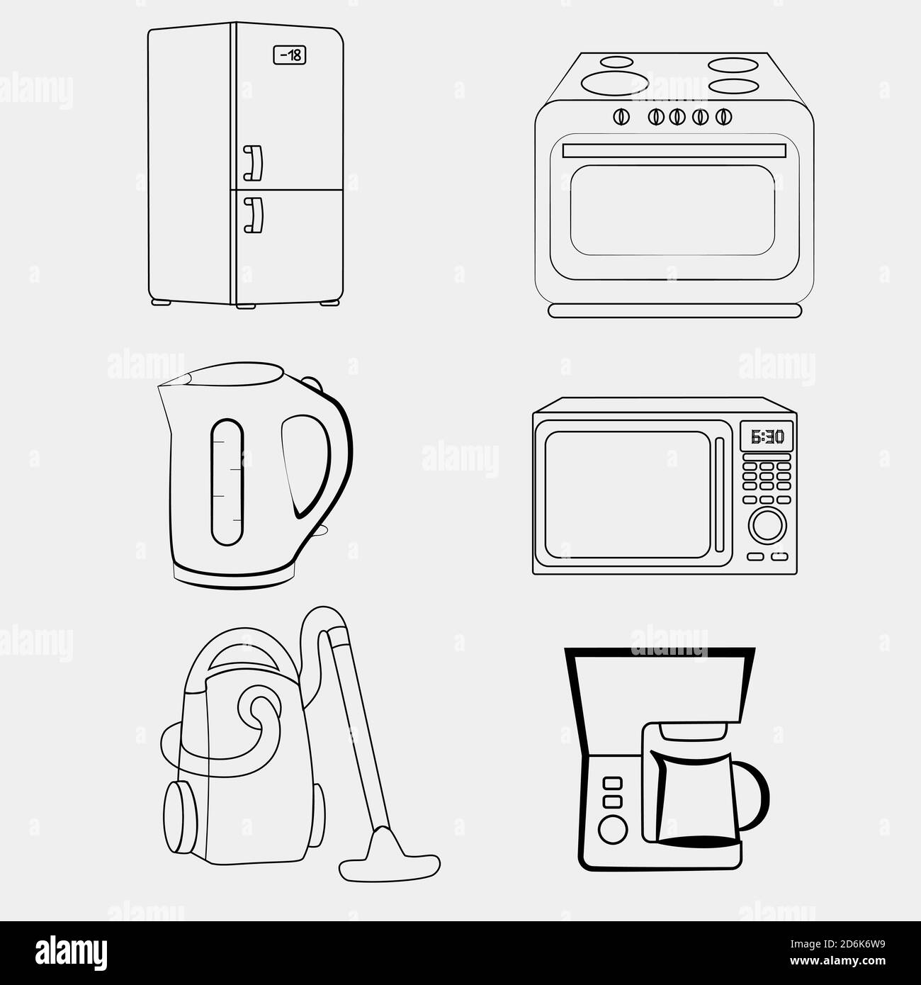 Set of icons with home appliances black white colors isolated white background. Stock Vector