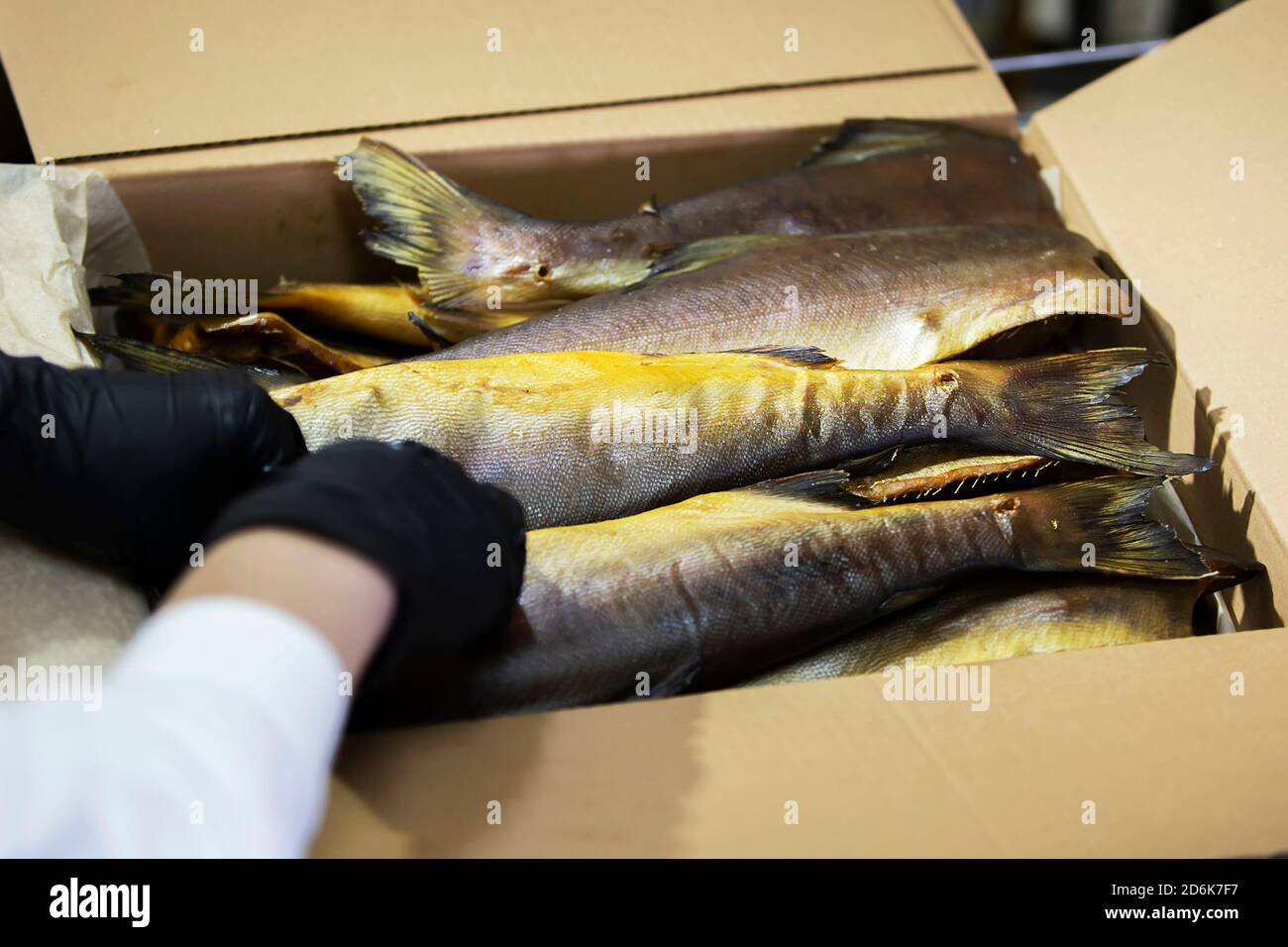 Smoked mackerel in a paper box. Fishing industry. Stock Photo