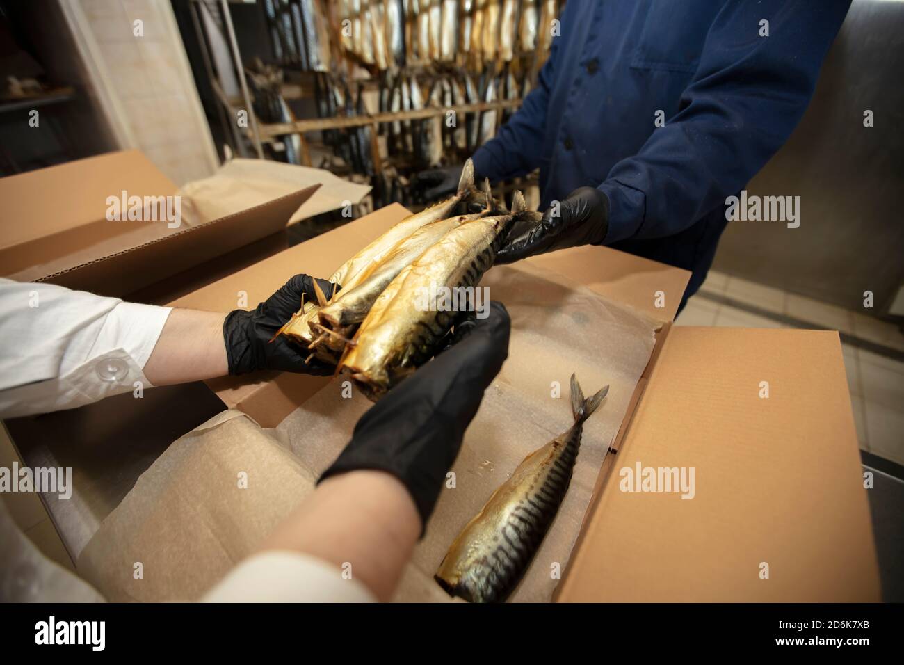 The hands of a worker put smoked fish in a paper box. Stock Photo