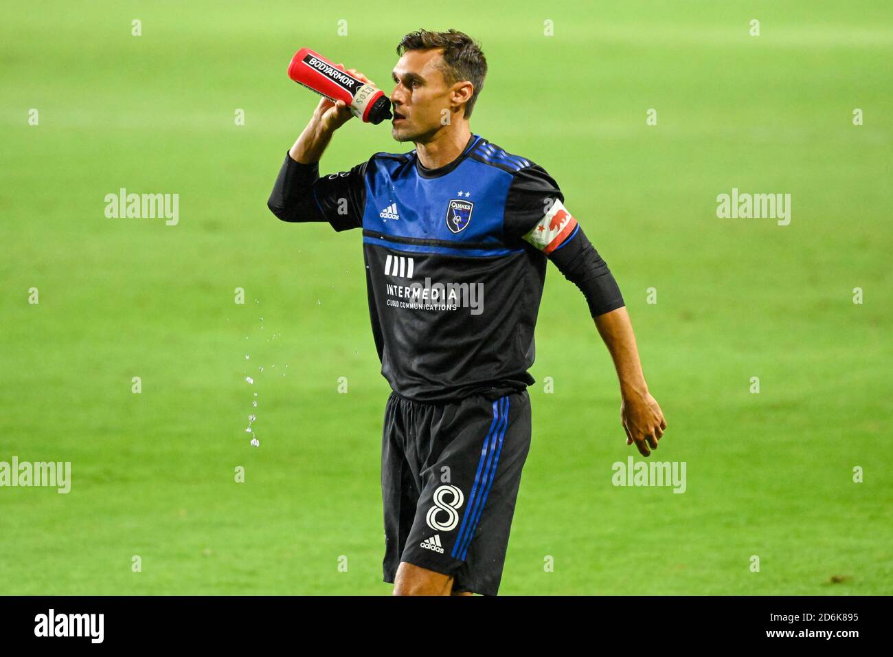 Carson, United States. 14th Oct, 2020. San Jose Earthquakes forward Chris Wondolowski (8) drinks from a Bodyarmor bottle during a MLS soccer game, Wednesday, Oct. 14, 2020, in Carson, Calif. The San Jose Earthquakes defeated Los Angeles Galaxy 4-0.(IOS/ESPA-Images) Credit: European Sports Photo Agency/Alamy Live News Stock Photo