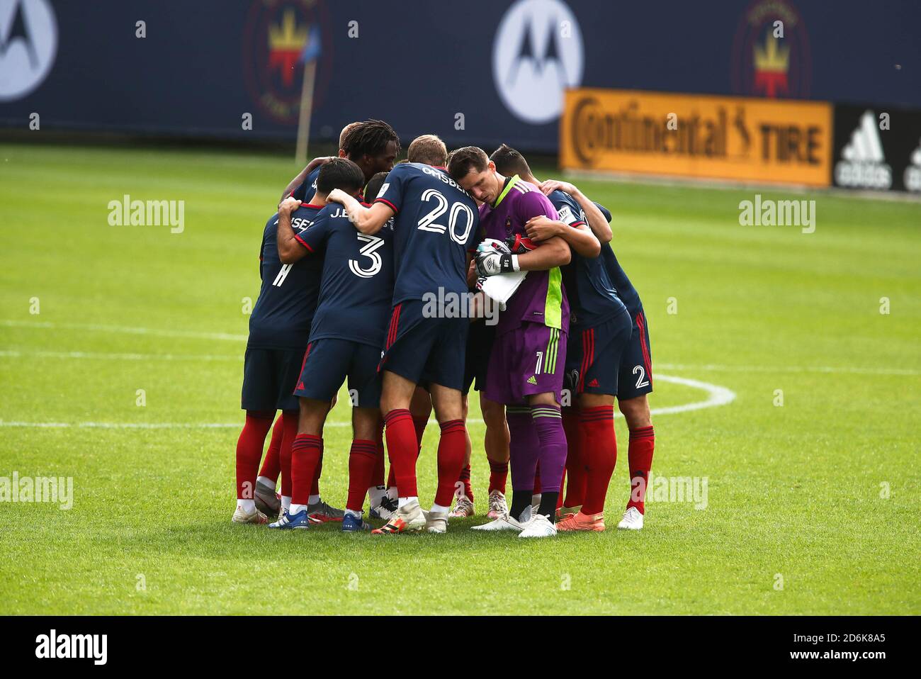 Chicago, United States . 17th Oct, 2020. Chicago Fire FC Starting XI huddle during a MLS match against the Sporting Kanas City at Solider Field, Saturday, Oct. 17, 2020, in Chicago, Illinois. The Fire tie Sporting KC 2-2 (IOS/ESPA-Images) Credit: European Sports Photo Agency/Alamy Live News Stock Photo