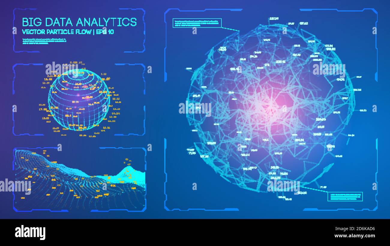 Radar panel data intelligence. Matrix tech digital hud. Future polygon space dashboard. Polygonal explosion with matrix particles. Cyber model of Stock Vector