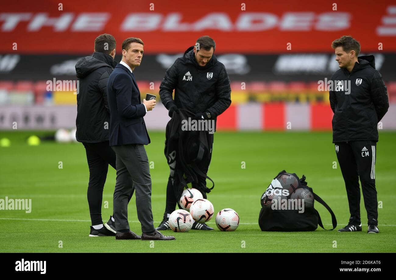 Fulham manager Scott Parker (2nd left) before the Premier League match at Bramall Lane, Sheffield. Stock Photo