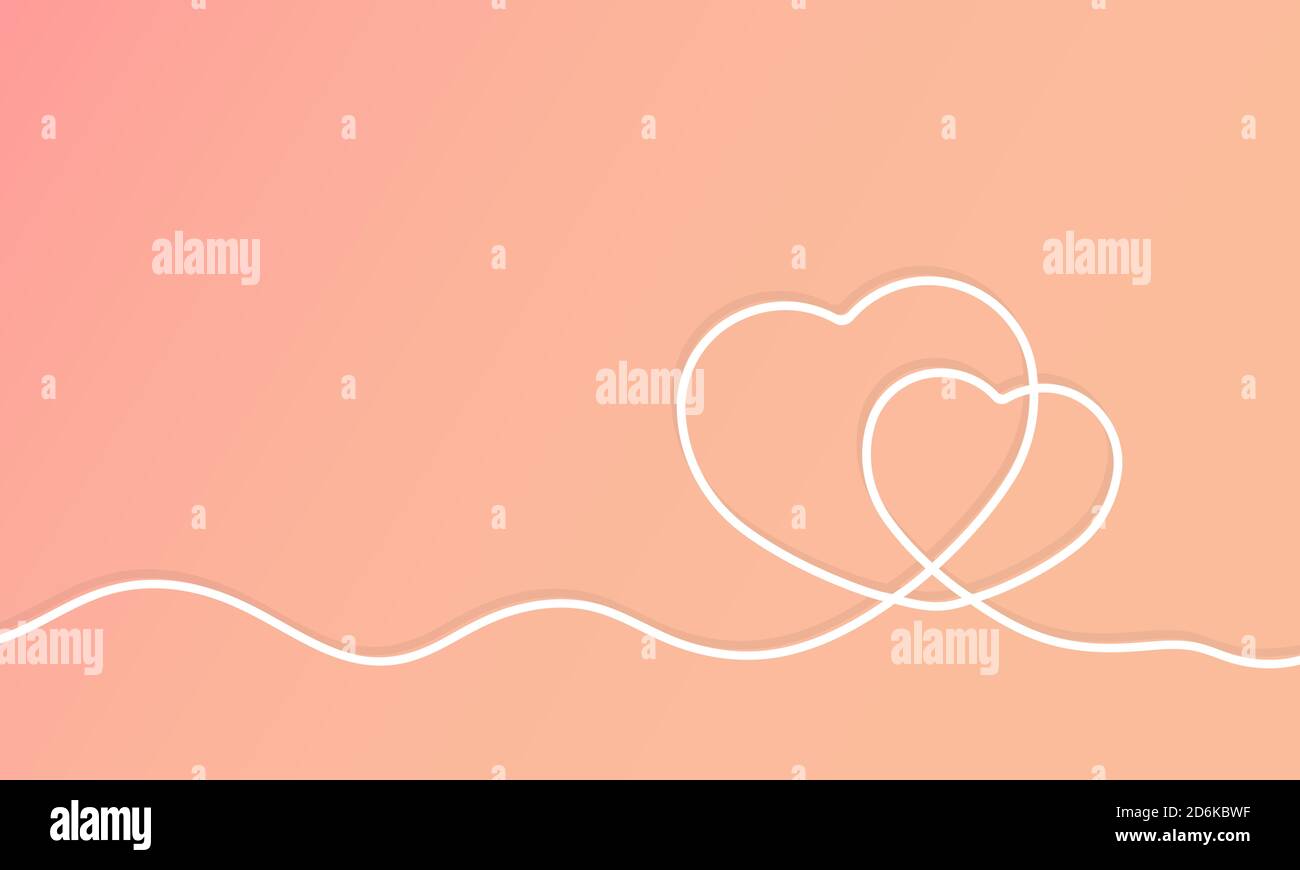 Continuous line drawing two hearts. Love concept. Valentines day. Vector on isolated pink background. EPS 10. Stock Vector