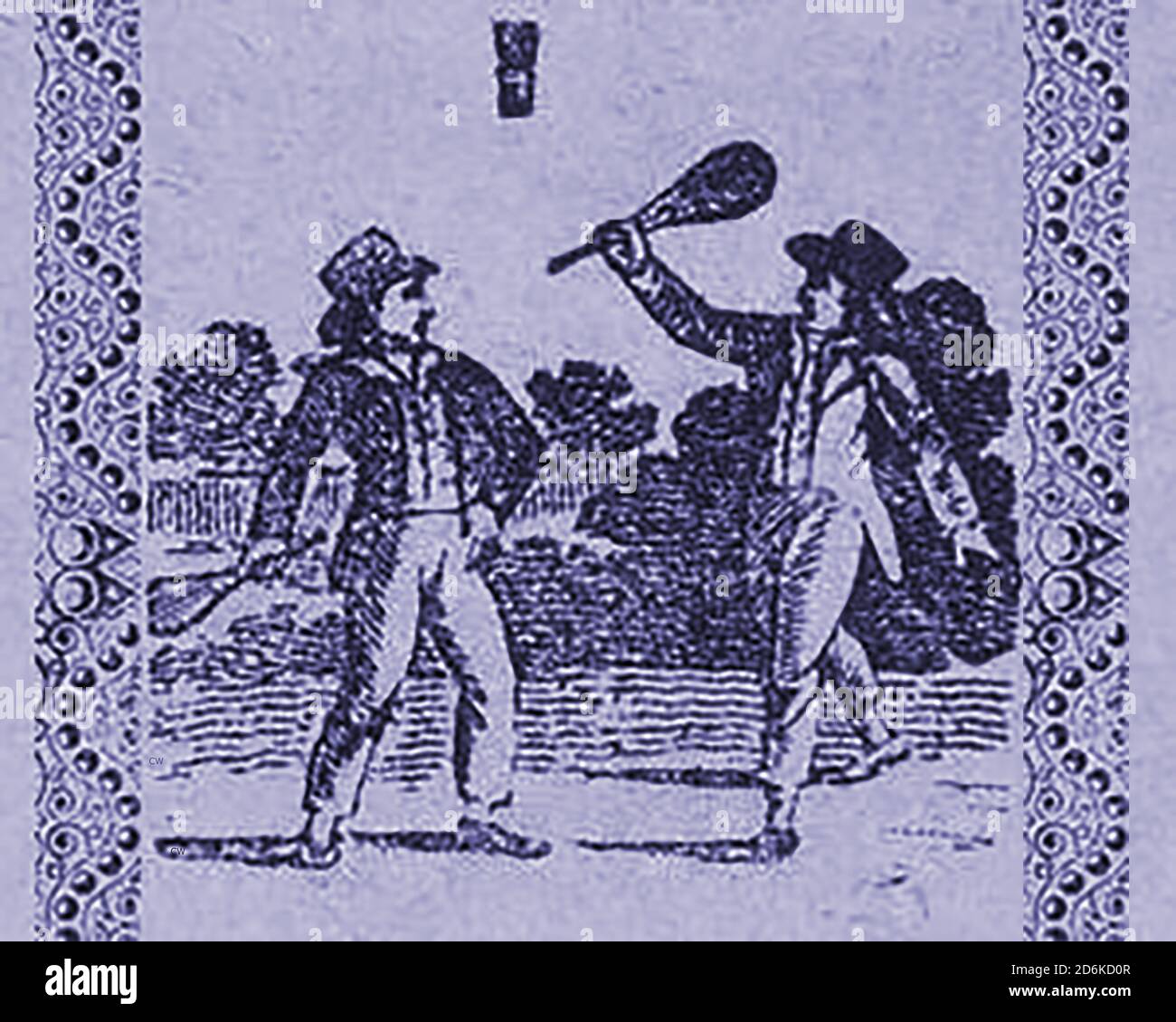 British Victorian games and pastimes - Playing shuttlecock or Battledore  in the 1830's. It was sometimes referred to as  Jeu de Volant,  an attempt by the upper classes to distance themselves from similar games played by their working class counterparts.  The early sport related to that of modern badminton. The bats were the BATtledores and the object of the game was to pass the shuttlecock backwards & forwards between players without it falling to the ground. The game has a long history with the shuttlecocks taking many  lightweight forms,e.g.cork & feathers, sweet corn cobs and corn leaves. Stock Photo