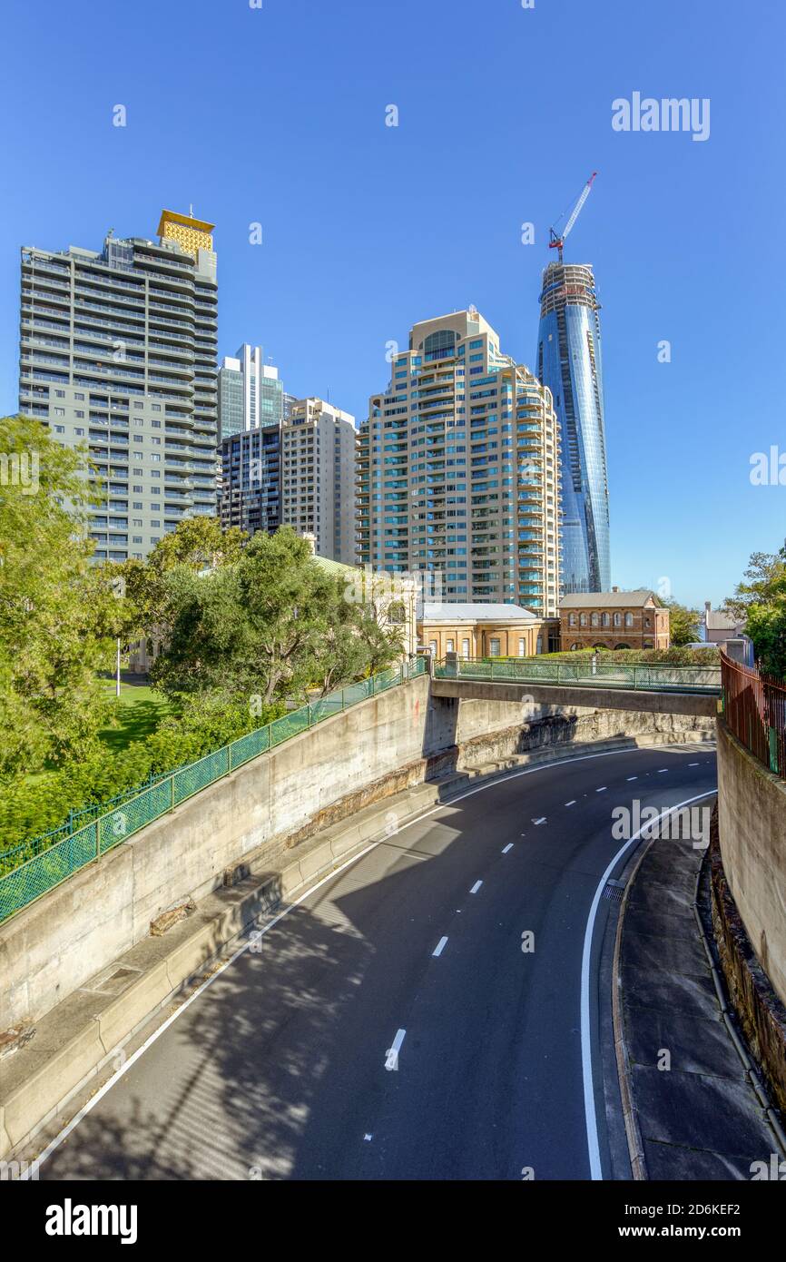 Construction of the new suburb of Barangaroo in Australia, seen from an elevated vantage point on Upper Fort Street above the Cahill Expressway on-ramp Sydney Harbour Bridge. Barangaroo named