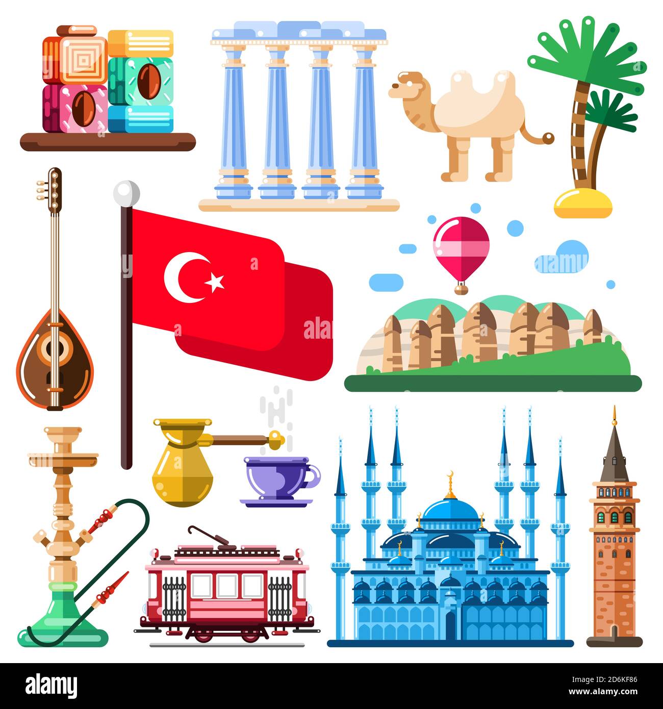 Travel to Turkey vector icons and design elements. Turkish national symbols and landmarks flat illustration. Stock Vector