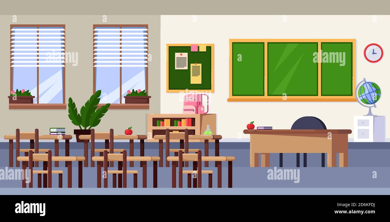 Empty classroom interior, vector flat illustration. School furniture and design elements. Back to school background. Stock Vector