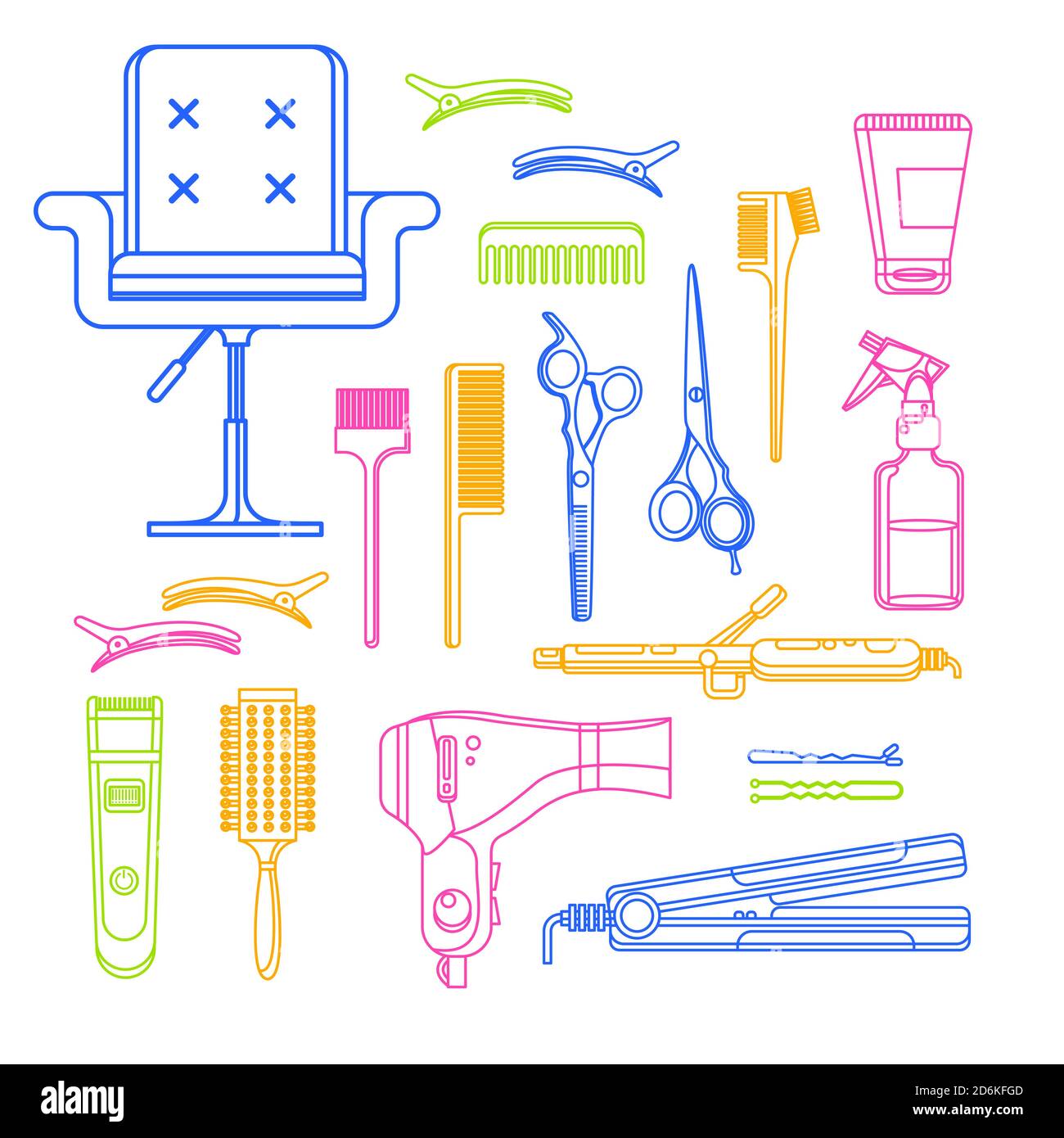 Beauty salon vector linear icons and design elements. Hair hairdresser tools and equipment isolated on white background. Stock Vector