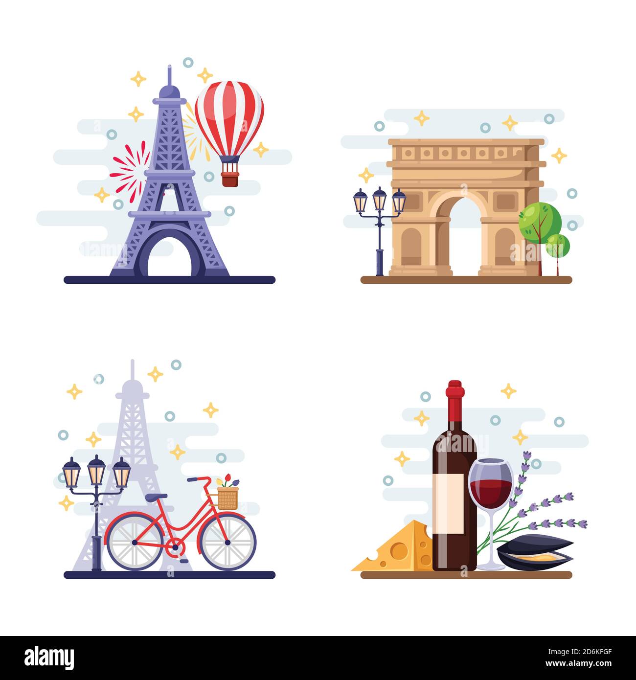 Travel to Paris vector flat illustration. City symbols, landmarks and food. France icons and design elements. Stock Vector