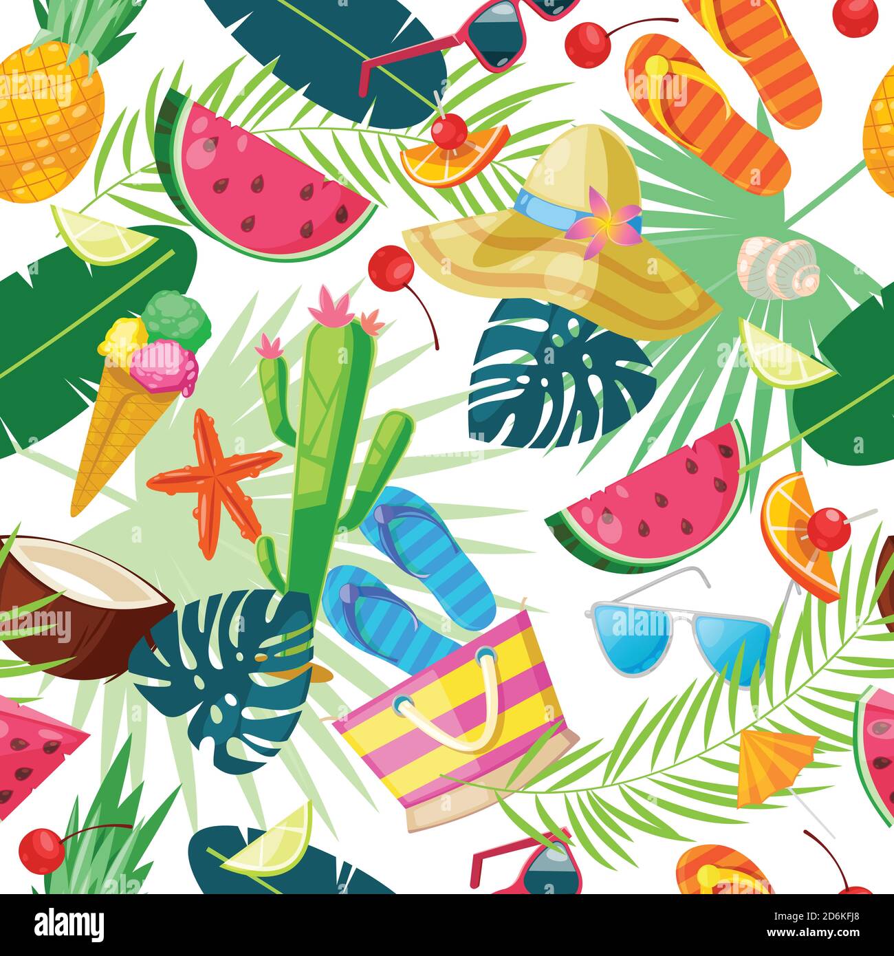 Summer cute seamless pattern. Vector cartoon illustration. Summertime travel, tourism and vacation background. Fashion textile print design. Stock Vector