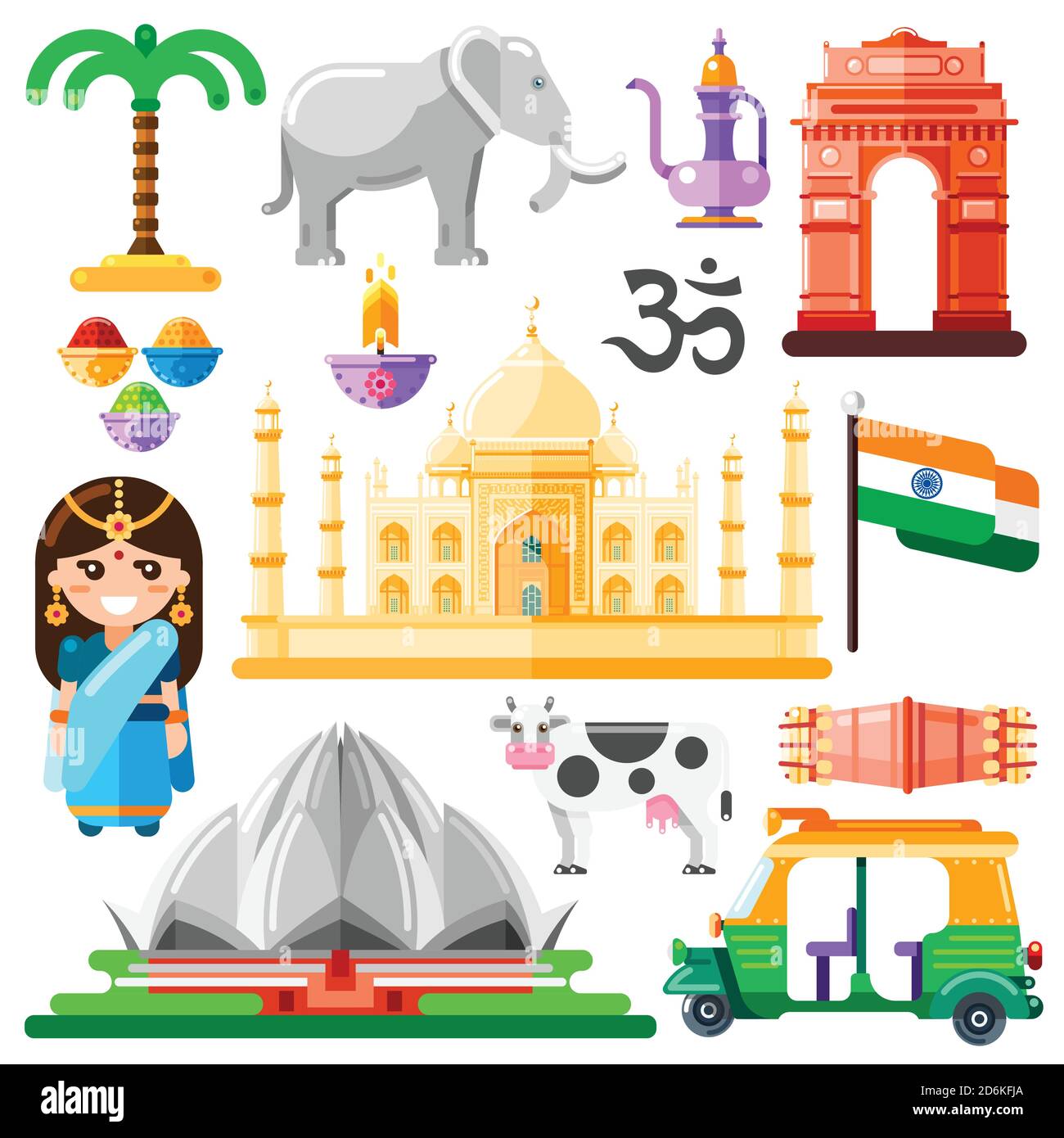 Travel to India vector icons and design elements. Indian national symbols and landmarks flat illustration. Stock Vector