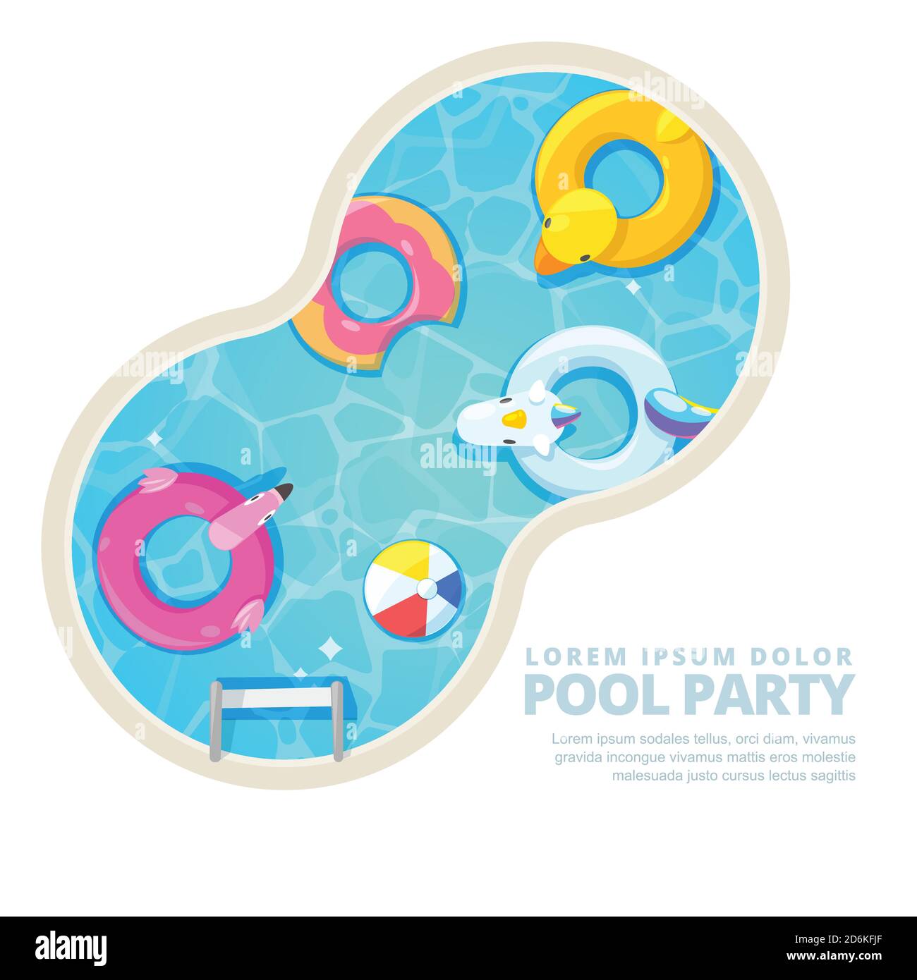 Isolated circle swimming pool, vector cartoon illustration. Summer poster, banner layout. Unicorn, flamingo, duck, ball, donut cute floats in water. F Stock Vector