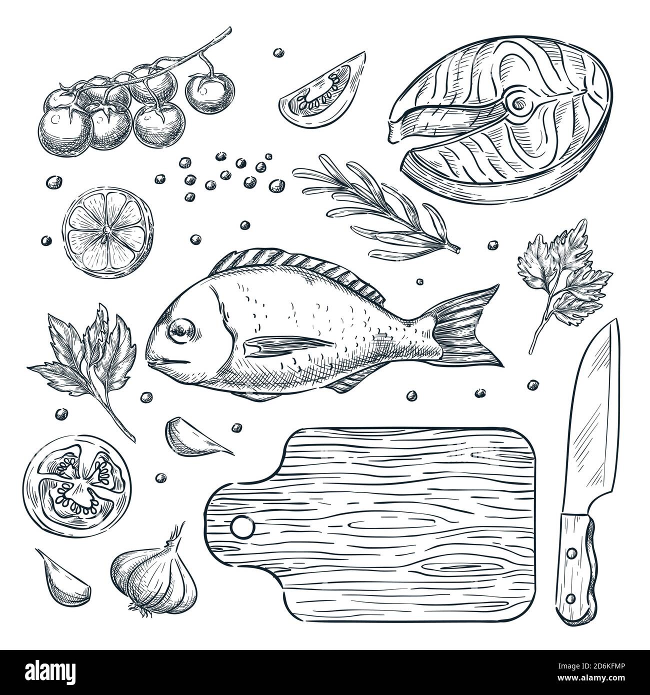 Cooking fish dorado and salmon steak, vector sketch illustration. Set