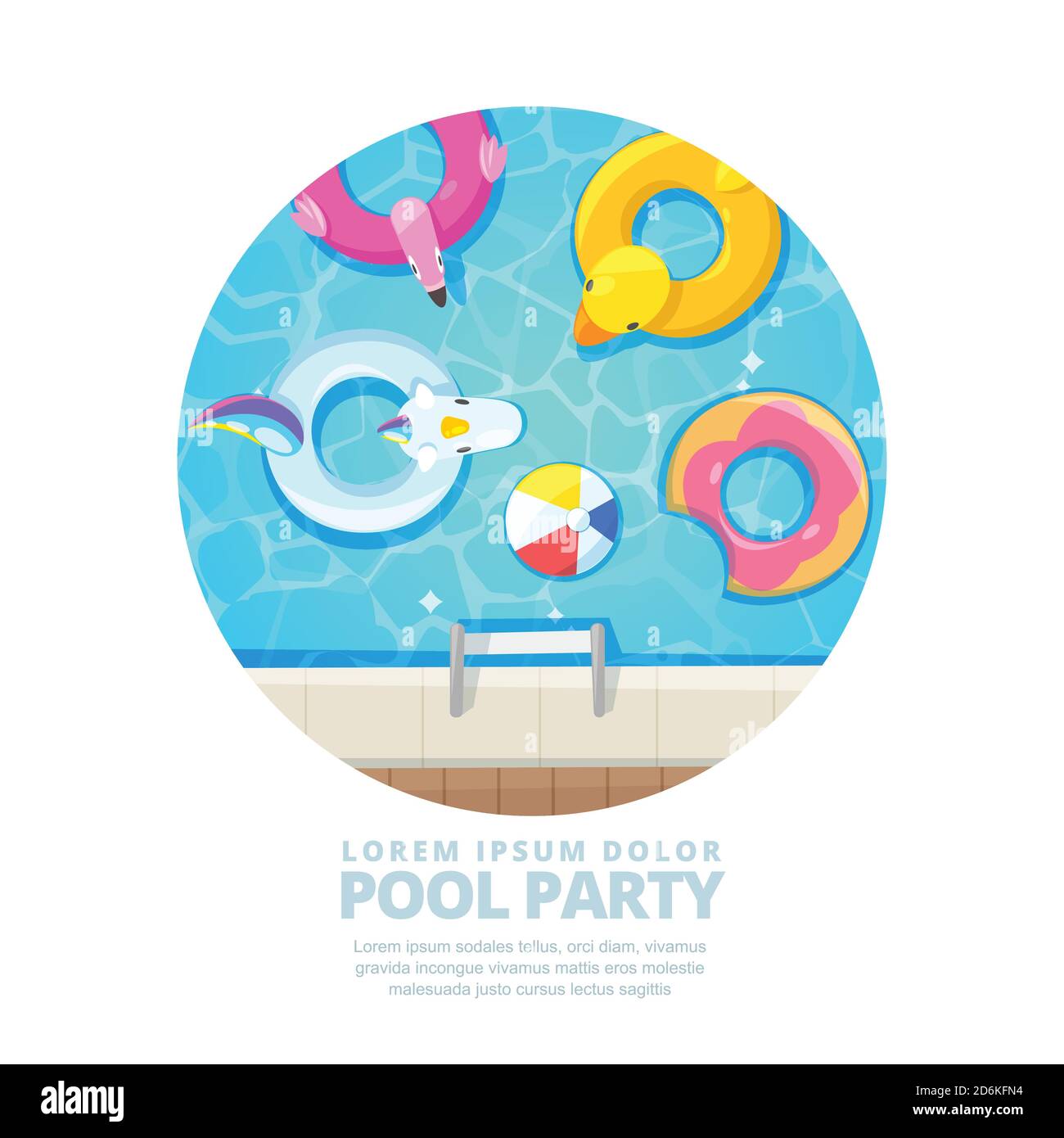 Isolated circle swimming pool, vector cartoon illustration. Summer poster, banner layout. Unicorn, flamingo, duck, ball, donut cute floats in water. F Stock Vector