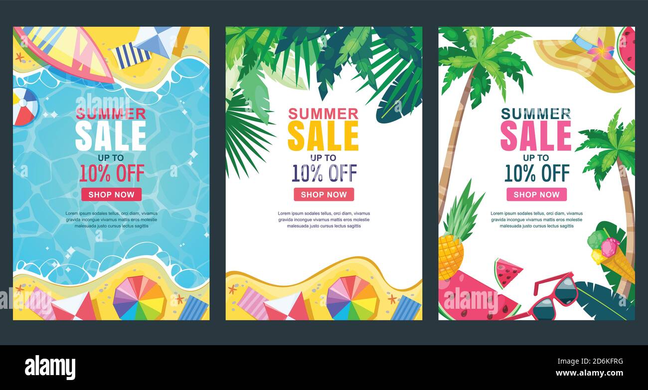 Summer sale vector poster, banner template. Season backgrounds set. Tropical frame with sand beach, water, leaves and fruits. Stock Vector
