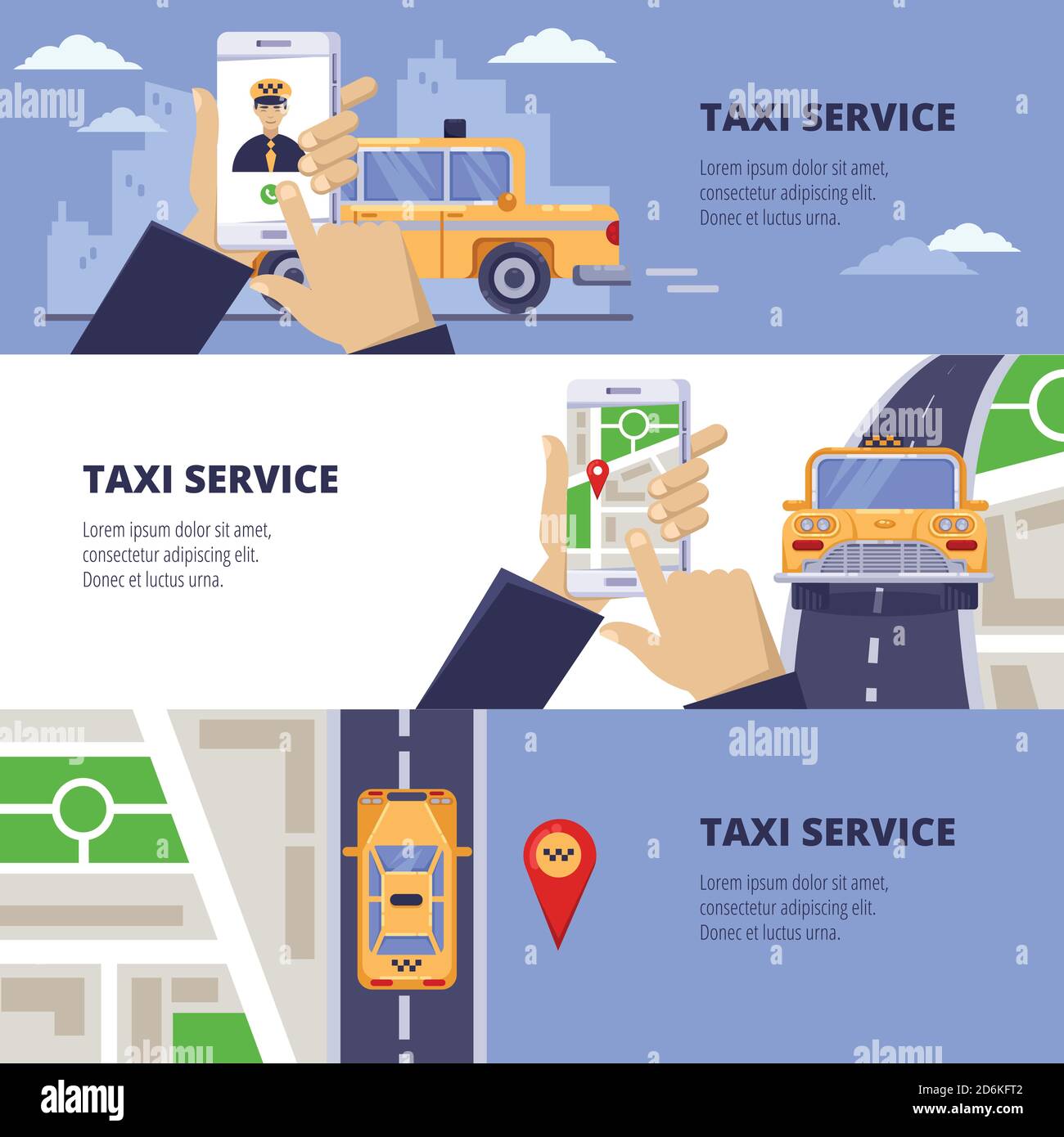 Taxi service travel concept. Vector illustration of yellow cab on road and mobile app on smartphone screen. Stock Vector