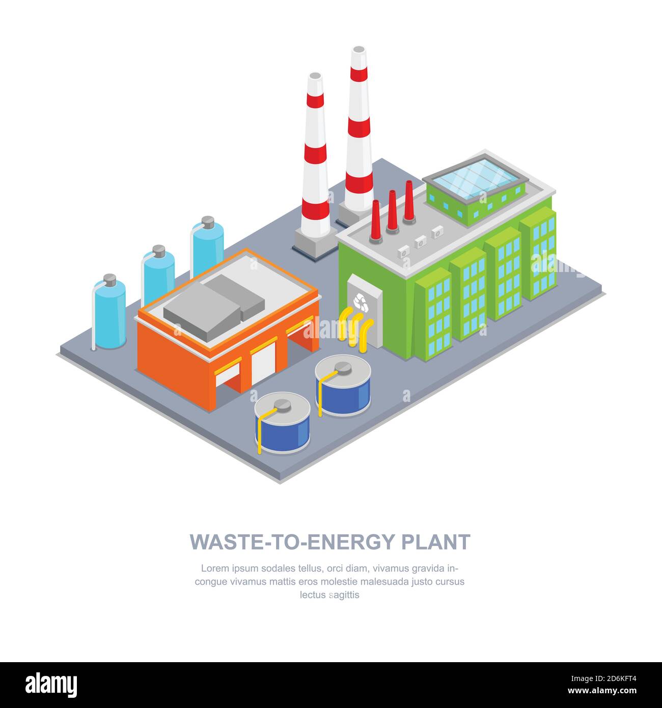 Waste plant vector 3d isometric illustration. Garbage recycling factory industrial building. Stock Vector