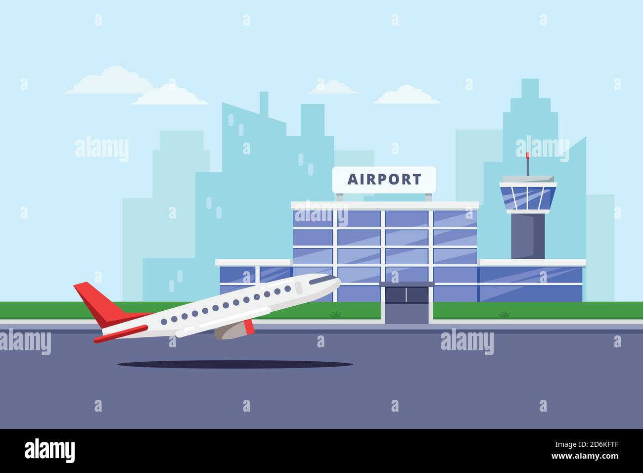 Airport terminal building and taking off aircraft, vector flat illustration. Air travel background and design elements. Stock Vector