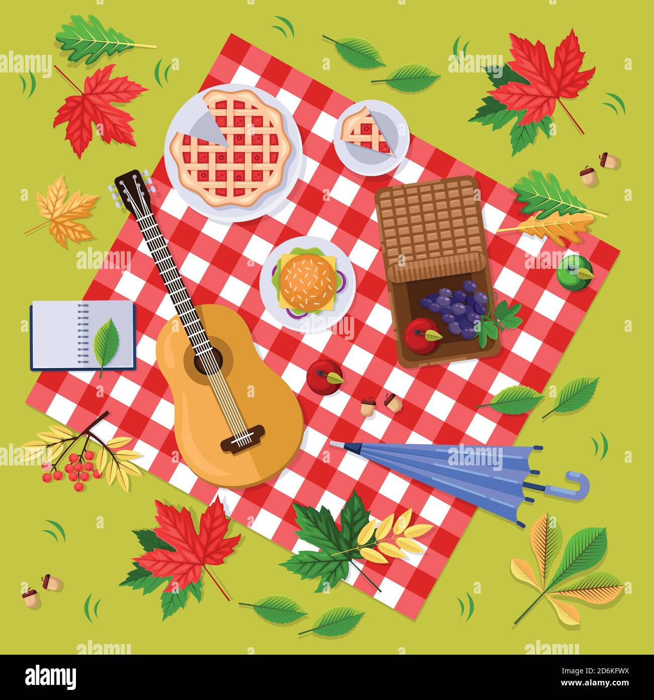 Autumn picnic in park or forest. Fall landscape, leaves and food on red checkered plaid, top view illustration. Vector thanksgiving background. Stock Vector