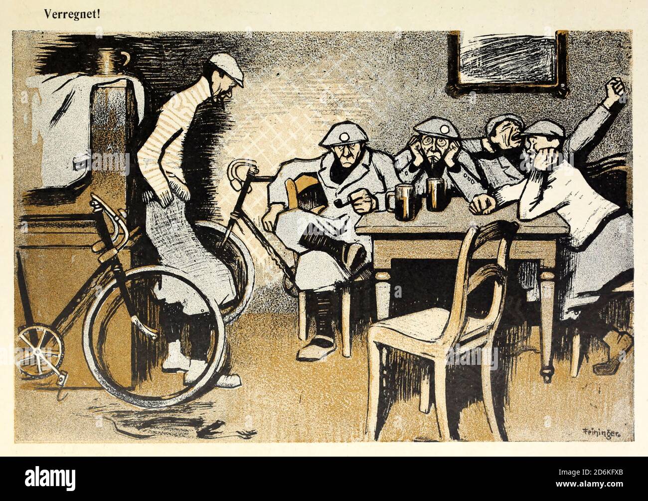 From the Book Das Narrenrad : Album fröhlicher Radfahrbilder [The fool's wheel: album of happy cycling pictures] by Feininger, Lyonel, 1871-1956, illustrator; Heilemann, Ernst, 1870- illustrator; Hansen, Knut, illustrator; Fürst, Edmund, 1874-1955, illustrator; Edel, Edmund, illustrator; Schnebel, Carl, illustrator; Verlag Otto Elsner, printer. Published in Germany in 1898 Stock Photo
