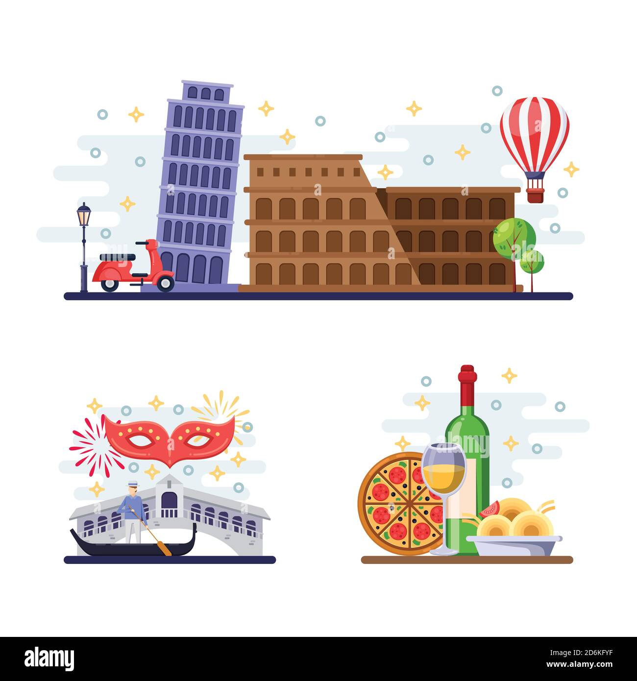 Travel to Italy vector flat illustration. Rome, Pisa and Venice city symbols, landmarks and food. Italian icons and design elements. Stock Vector