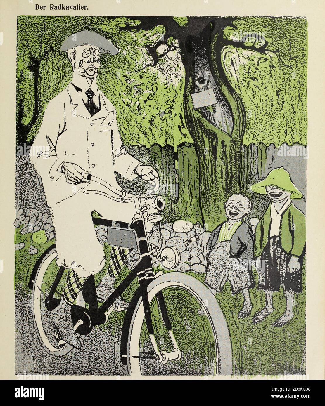 From the Book Das Narrenrad : Album fröhlicher Radfahrbilder [The fool's wheel: album of happy cycling pictures] by Feininger, Lyonel, 1871-1956, illustrator; Heilemann, Ernst, 1870- illustrator; Hansen, Knut, illustrator; Fürst, Edmund, 1874-1955, illustrator; Edel, Edmund, illustrator; Schnebel, Carl, illustrator; Verlag Otto Elsner, printer. Published in Germany in 1898 Stock Photo