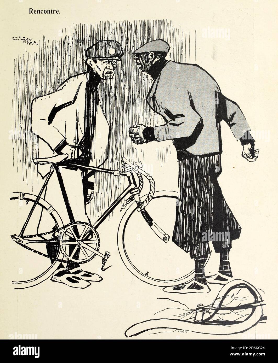 Traffic accident between two bicycles From the Book Das Narrenrad : Album fröhlicher Radfahrbilder [The fool's wheel: album of happy cycling pictures] by Feininger, Lyonel, 1871-1956, illustrator; Heilemann, Ernst, 1870- illustrator; Hansen, Knut, illustrator; Fürst, Edmund, 1874-1955, illustrator; Edel, Edmund, illustrator; Schnebel, Carl, illustrator; Verlag Otto Elsner, printer. Published in Germany in 1898 Stock Photo