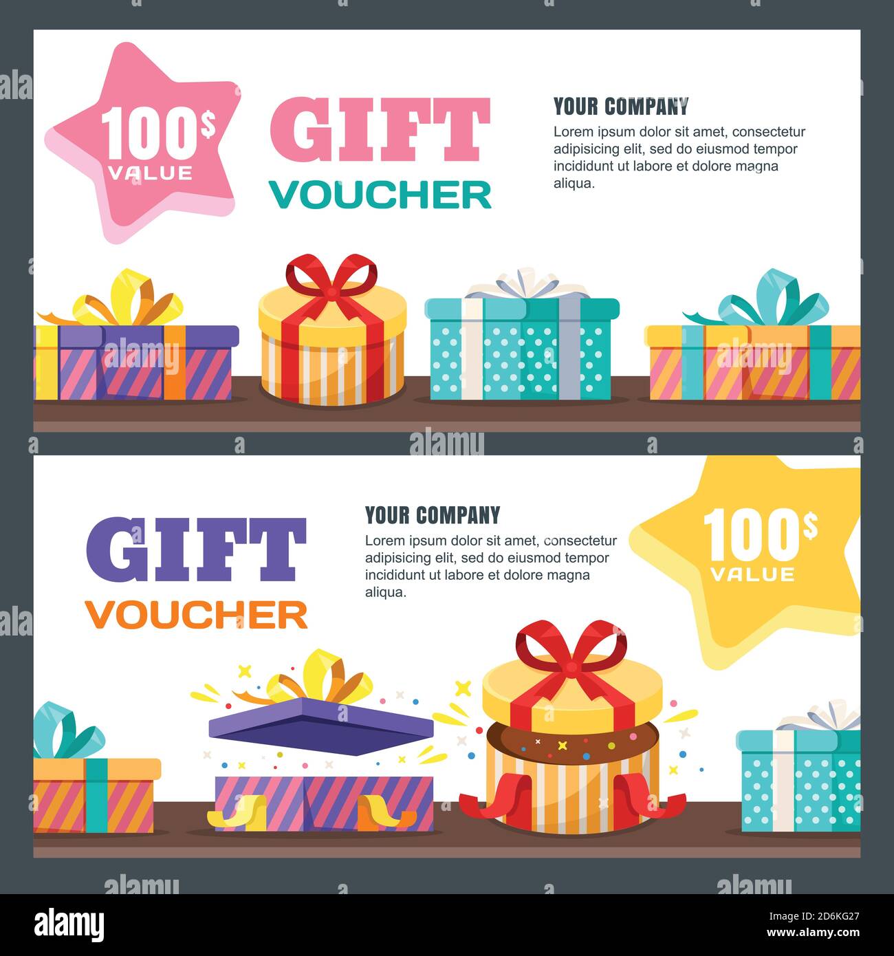 Gift card, voucher, certificate or coupon vector design layout. Discount banner template for surprise holidays greetings. Multicolor open, close prese Stock Vector