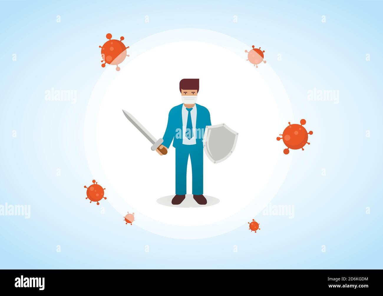 Businessman wearing virus protective medical mask and suit holding sword and shield to protect from COVID-19. Stop coronavirus spreading. Vector Stock Vector