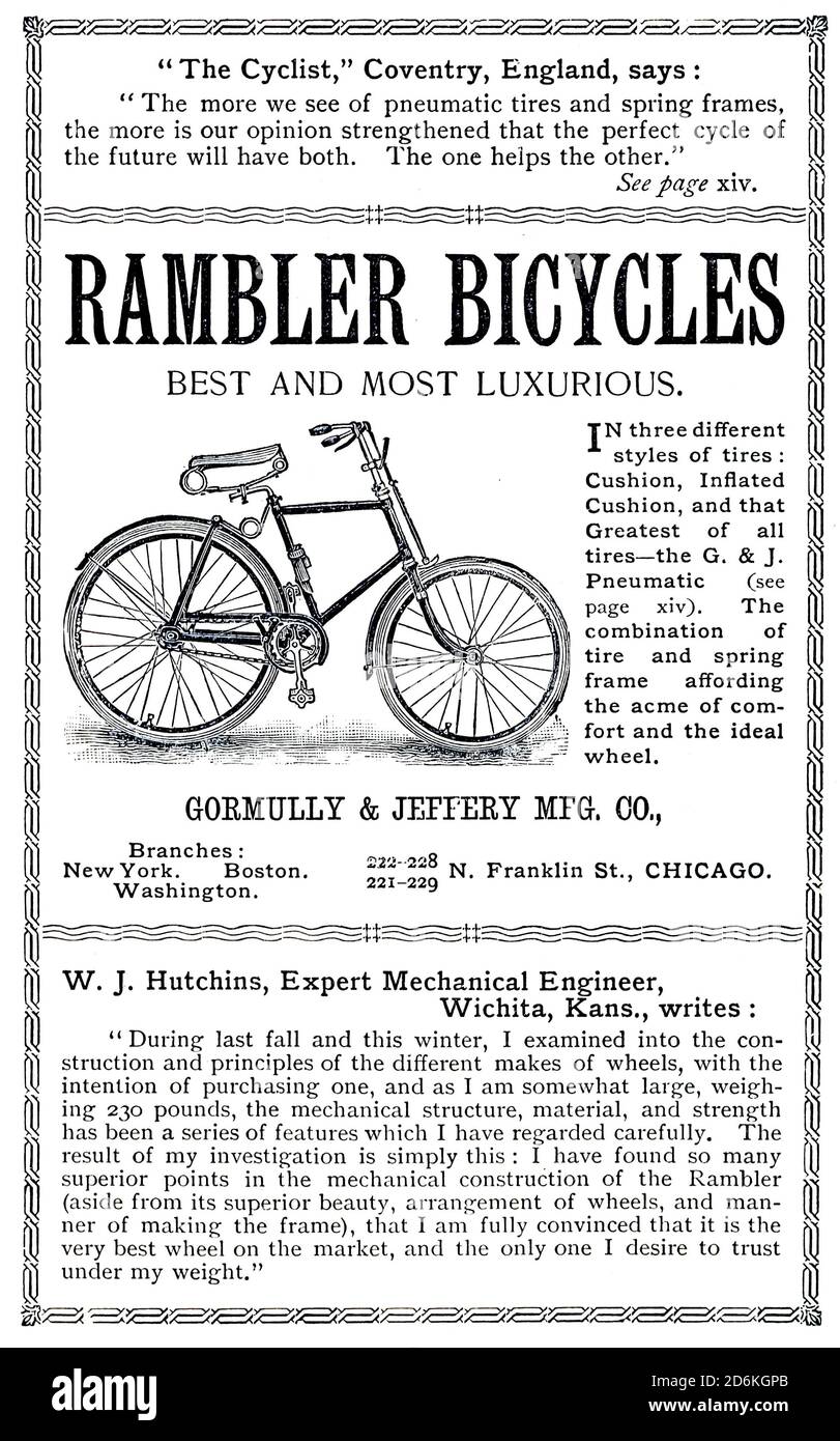 Advert for 'Rambler Bicycles' From Wheels and Wheeling; An indispensable handbook for cyclists, with over two hundred illustrations by Porter, Luther Henry. Published in Boston in 1892 Stock Photo