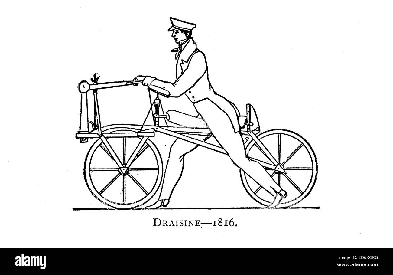 Draisine 1816 [or draisienne, hobby horse, dandy horse (early bicycle)] From Wheels and Wheeling; An indispensable handbook for cyclists, with over two hundred illustrations by Porter, Luther Henry. Published in Boston in  1892 Stock Photo