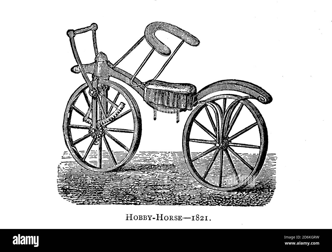 Lewis Gompertz's improvement on Baron von Drais's bicycle, 1821. 'The dandy ' or 'hobby horse' was the forerunner of the bicycle and was invented by Baron von Drais in France in 1817. It was introduced to England the following year by Denis Johnson, a coachmaker of Long Acre, London. Dandy horses had no pedals or brakes, but were propelled by the rider pushing on the ground with his feet, and dragging the feet to slow the machine. Gompertz improved on von Drais' design by adding a rack-and-pinion to power the front wheel. From Wheels and Wheeling; An indispensable handbook for cyclists, with o Stock Photo