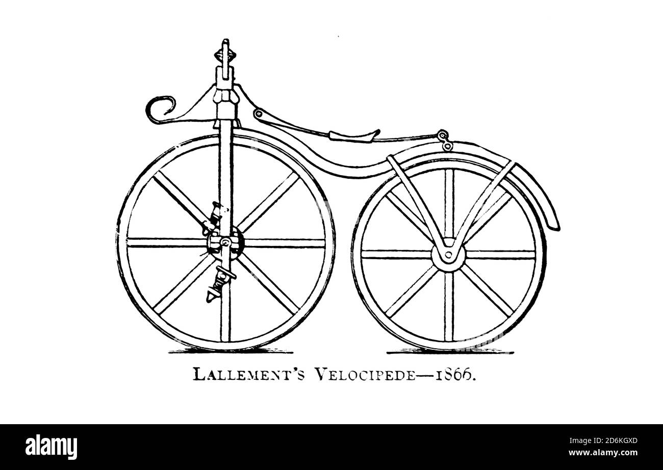 Lallement's [Pierre Lallement] Velocipede [Bicycle with pedals on the front  wheel] 1866 From Wheels and Wheeling; An indispensable handbook for  cyclists, with over two hundred illustrations by Porter, Luther Henry.  Published in