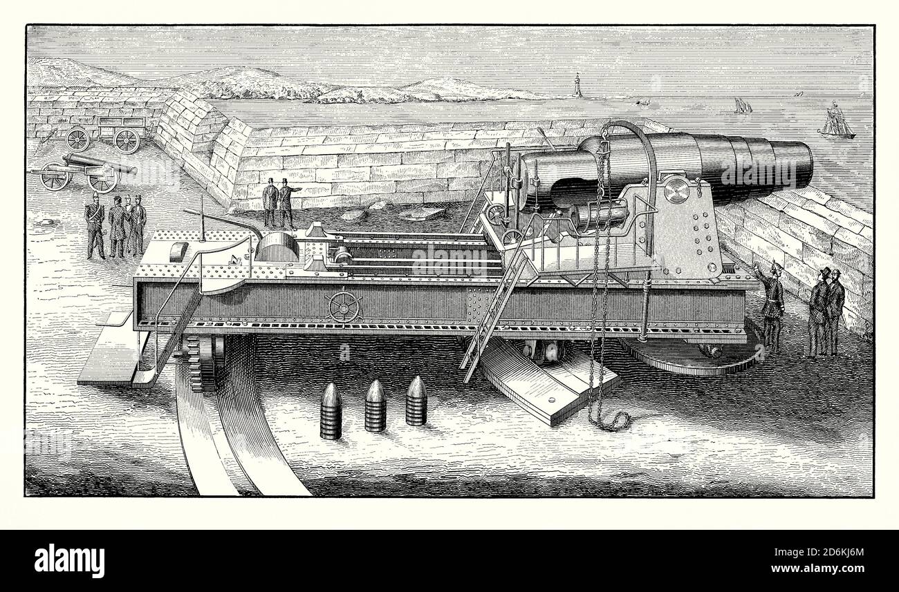 An old engraving showing a huge Krupp’s 1200-pound, breech-loading, rifled gun c.1865. It is from a Victorian mechanical engineering book of the 1880s. This gun was shown at Paris International Exposition of 1867. In 1811 German industrialist Friedrich Krupp founded his cast-steel factory Gusstahlfabrik. It was his son, Alfred Krupp, who attained success with his muzzle-loading rifled gun of cast steel, which gave such good results that the Prussian army adopted steel for its artillery. By the 1870s, Krupp steel weapons were being purchased by countries all over the world. Stock Photo