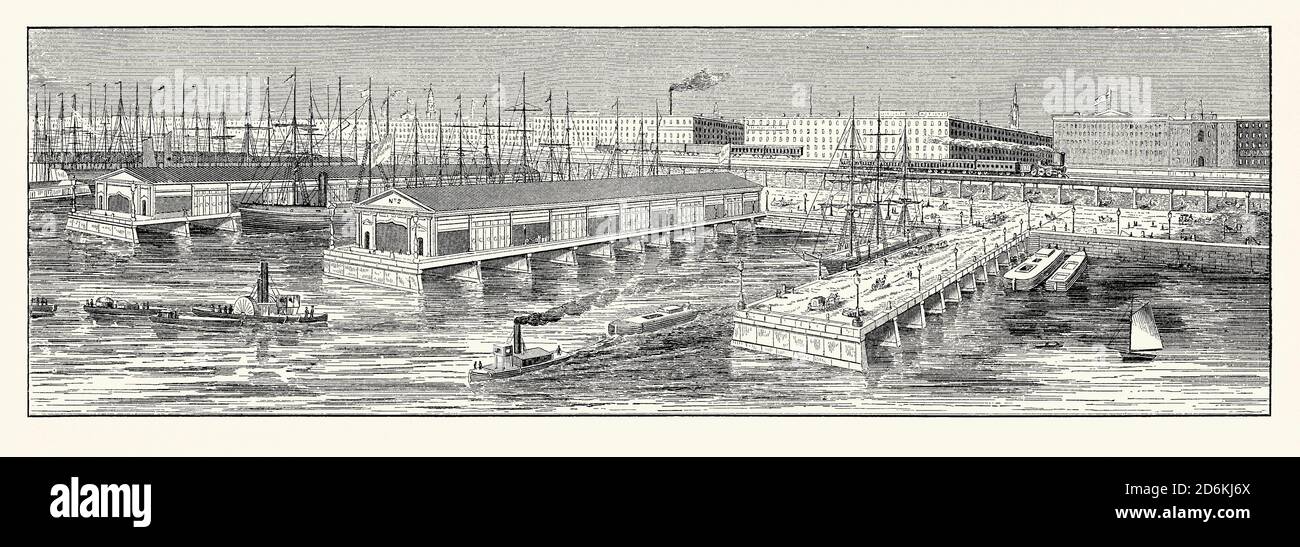 An old engraving showing a plan for the Hudson River east bank frontage along West Street, New York City, USA c.1870. It is from a Victorian mechanical engineering book of the 1880s. New York City needed more capacity for shipping. A series of piers were eventually designed by the architectural firm of Warren and Wetmore. The complex was a row of grand buildings embellished with pink granite facades with piers behind forming the docking points for ocean liners of Cunard Line and White Star Line from the early 1900s. The piers are now used by the Chelsea Piers Sports & Entertainment Complex. Stock Photo