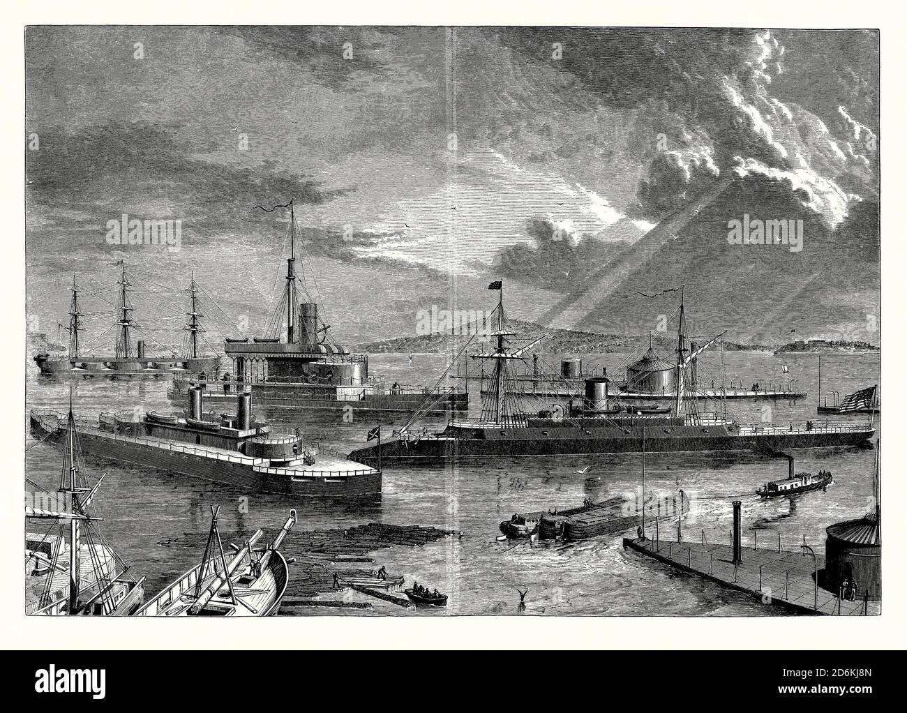 An old engraving showing the various types of armour-plated, iron-clad warships of the British and American navies that were afloat in the 1870s. It is from a Victorian mechanical engineering book of the 1880s. Those vessels illustrated include HMS Captain (left background, built 1869), HMS Thunderer (left foreground, built 1872), HMS Glatton (centre left, built 1871) and USS Dunderberg (centre right, built 1865). US navy Monitors are shown rear right and foreground right. Some ships were powered by both steam and sail, others were solely steam-powered. Stock Photo